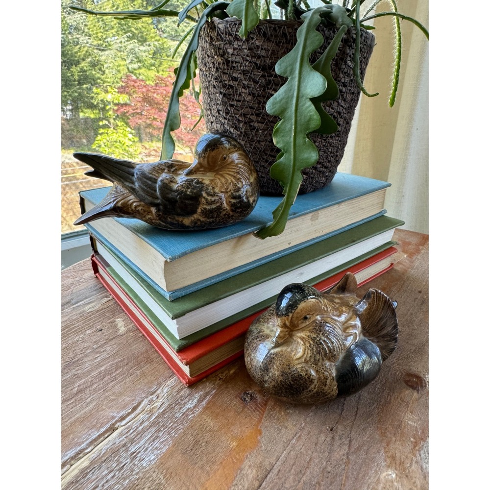 Vintage Ceramic Mandarin Duck Figurines Brown Black Glazed Bird Set of 2
